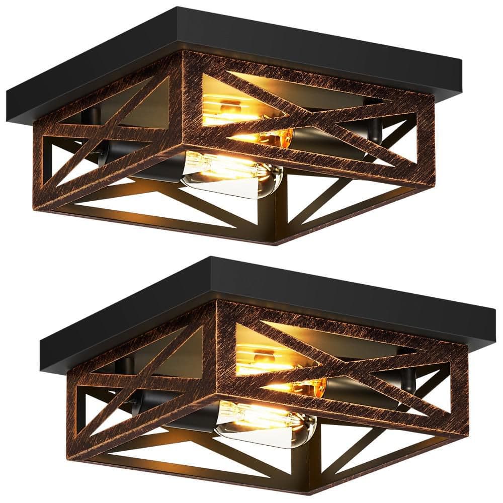 9.84 in. 2-Light Farmhouse Matte Bronze Square Metal Cage Flush Mount Ceiling Light for Hallway Kitchen Bedroom(2-Pack) price history on PriceWatchPro