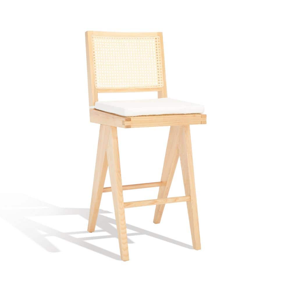 Natural Ash Wood and Rattan Bar Stool with White Cushion