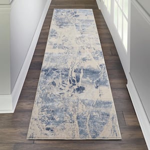 Silky Textures Blue/Cream 2 ft. x 8 ft. Abstract Contemporary Runner Area Rug