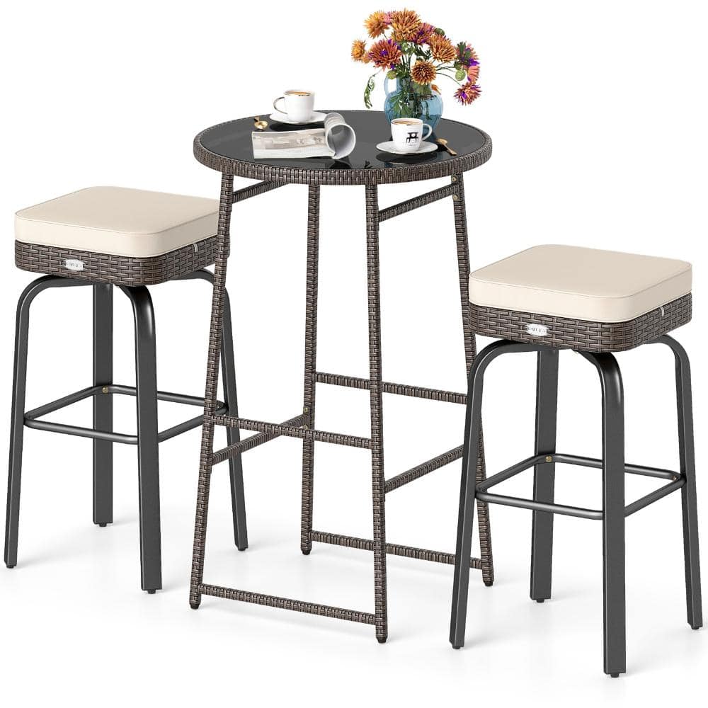 3-Piece PE Rattan Swivel Bar Set with Glass Table and Cushions, White price history on PriceWatchPro