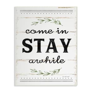 10 in. x 15 in. "Come Stay Awhile Rosemary Typography Distressed White" by Jennifer Pugh Printed Wood Wall Art