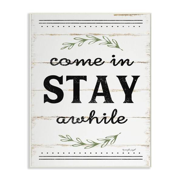 Stupell Industries 10 in. x 15 in. "Come Stay Awhile Rosemary Typography Distressed White" by Jennifer Pugh Printed Wood Wall Art