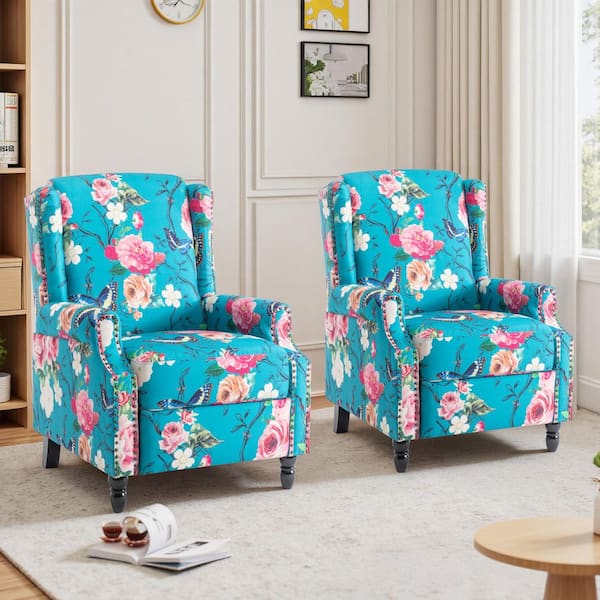 Uixe Peacock Blue Linen Nailhead Trim Upholstered Manual Recliner Chair with Adjustable Footrest(Set of 2)