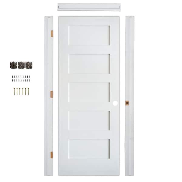 30in. x80in. Shaker 5-Panel Left-Hand Primed Solid Core MDF Wood Assembly Required Interior Door Kit w/QuickAssembleJamb