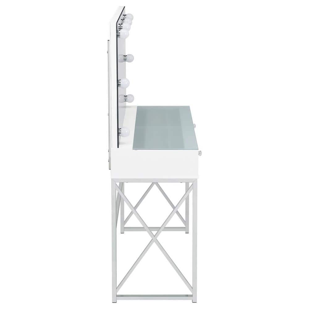 White and Chrome Vanity Set with Lighted Mirror and Bench