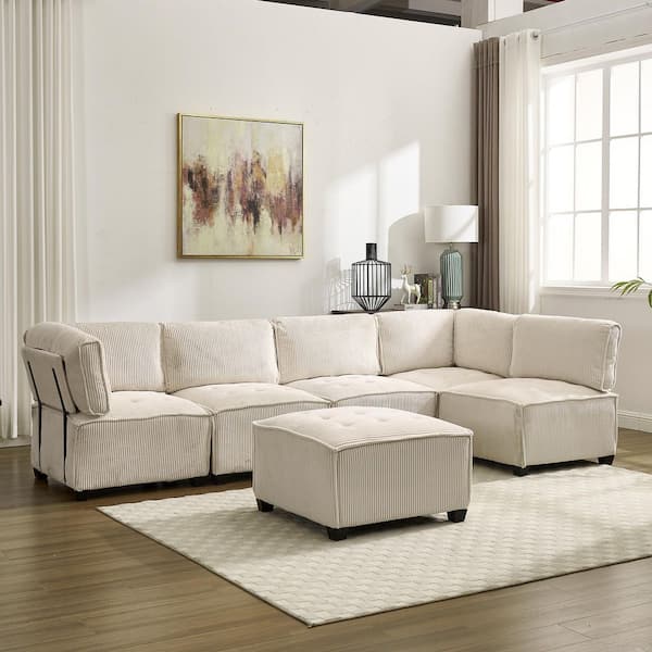 HOMEFUN 122 in. Square 6-piece U Shaped Convertible Corduroy Modern Modular Sectional Sofa Couch in. Beige with Moveable Ottoman