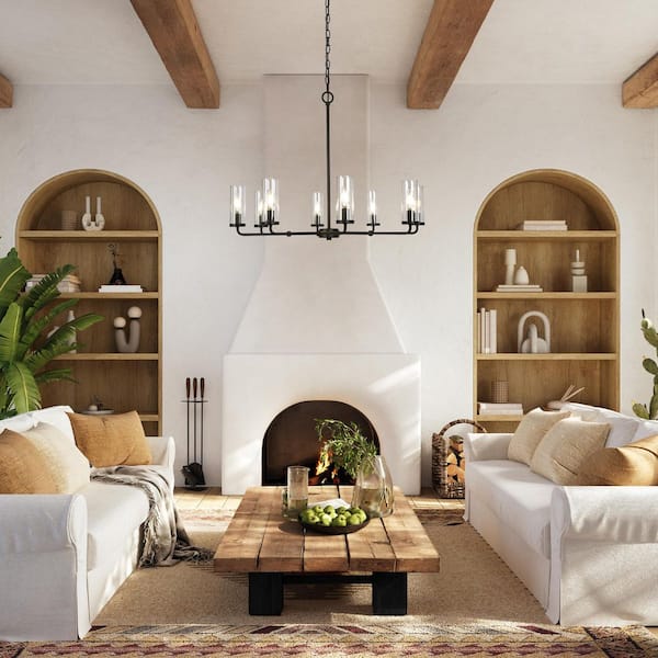 Modern 31.5 in. 8-Light Matte Black Chandelier Candlestick Branch High Ceiling Light with Cylinder Clear Glass Shades