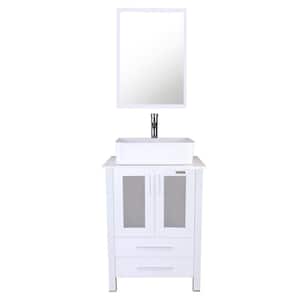 24 in. W x 20 in. D x 32 in. H Single Sink Bath Vanity in White with Ceramic Vessel Sink Top Chrome Faucet and Mirror