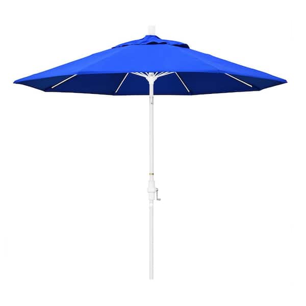 California Umbrella 9 ft. Matted White Aluminum Market Patio Umbrella with Fiberglass Ribs Collar Tilt Crank Lift in Pacific Blue Sunbrella