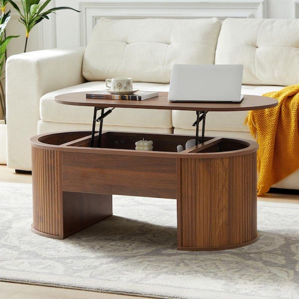 ATHMILE 39.37 in. Walnut Oval MDF Coffee Table with Storage Space