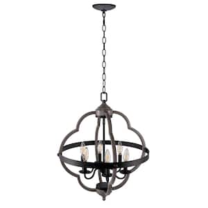 6-Lights Black Gray Oak Farmhouse Cage Chandelier Wood Pendant Light