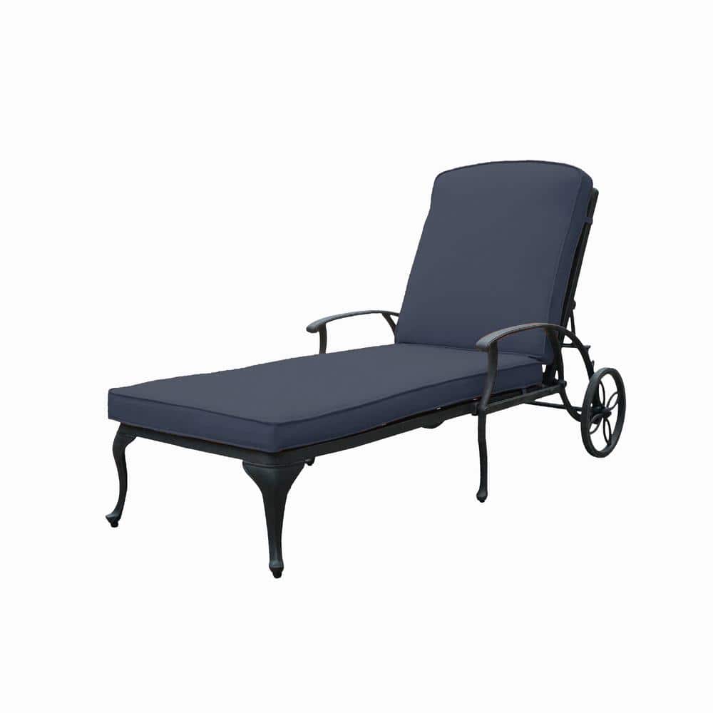 Serga Black 1-Piece Metal Outdoor Patio Chaise Lounge with Navy Blue Cushio