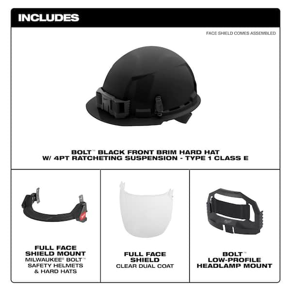 BOLT Black Type 1 Class E Front Brim Non Vented Hard Hat w/4 Point Ratcheting Suspension W/BOLT Clear Full Facesheild