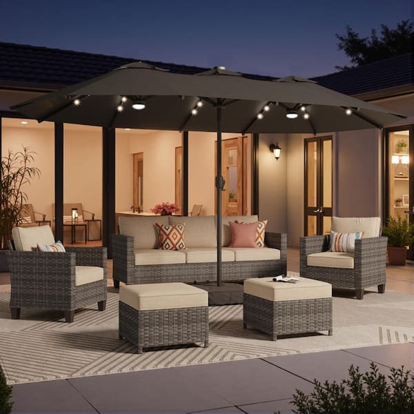 15 ft. Rectangle Outdoor Double Sided Market Patio Umbrella in Dark Gray with Base and LED Lights for Poolside Lawn