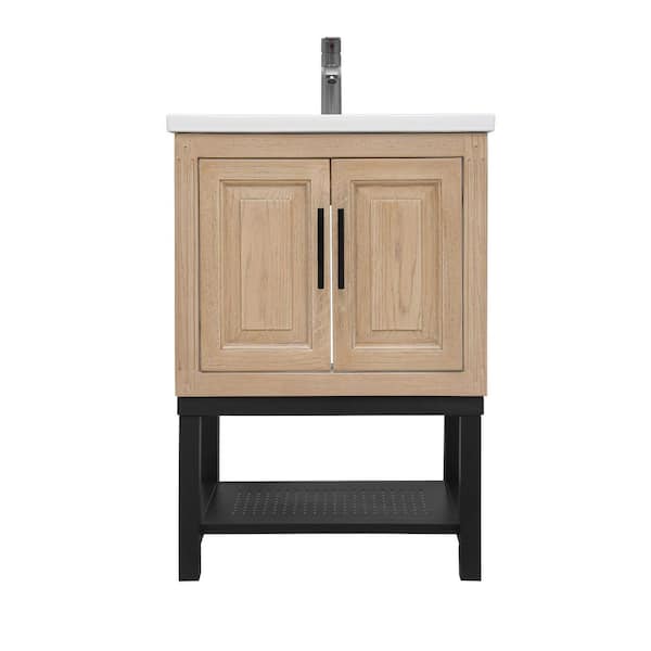 24 in. Freestanding Natural Bath Vanity with White Ceramic Top Unassembled