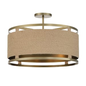 Windward Passage 20.5 in. 4-Light Soft Brass Semi-Flush Mount with Natural Rope Shade