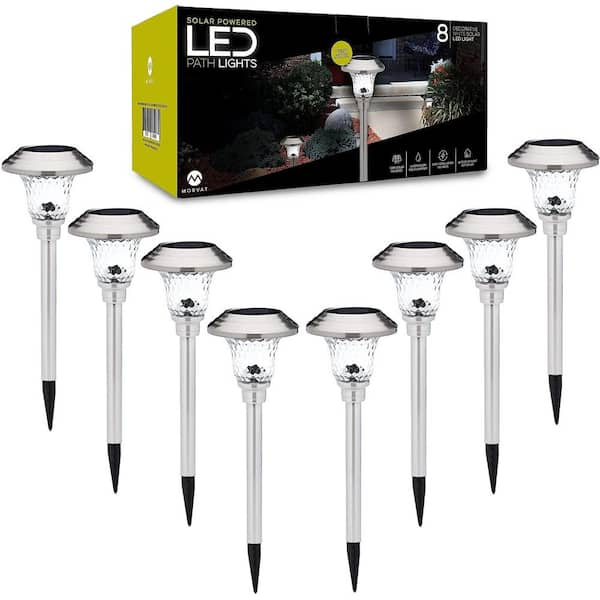 Morvat Silver LED Solar Stainless Steel and Glass Weather Resistant Path Lights, White Light (8-Pack)