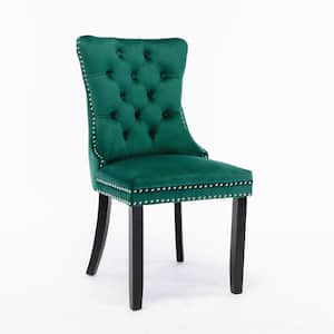Green Velvet Upholstered Dining Chair with Wood Legs Nailhead Trim (Set of 2)