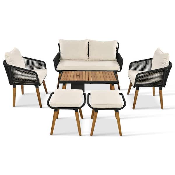 Sungrd Beige 6-Piece Wicker Patio Conversation Set with machine-washable Cushion, Cool Bar Table, Seat with adjustable feet