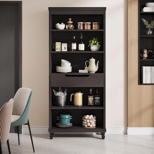 BYBLIGHT Eulas 73 in. Tall Dark Brown Wood 6Shelf Standard Bookcase with Drawer, Tall Bookshelf for Living Room, Library