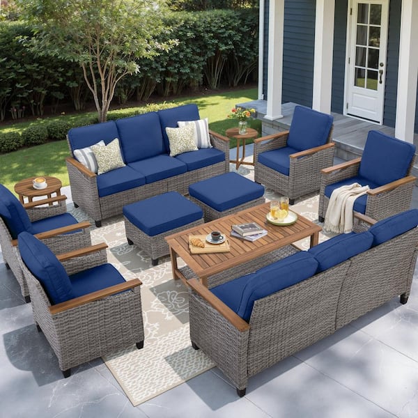 Buenaola Caladin 11-Piece Wood and Wicker Patio Conversation Set, 10-Seat Outdoor Sofa Seating Set With Blue Cushions