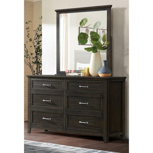 Furniture of America Boardman Walnut 6-Drawer 58 in. Wide Dresser with Mirror