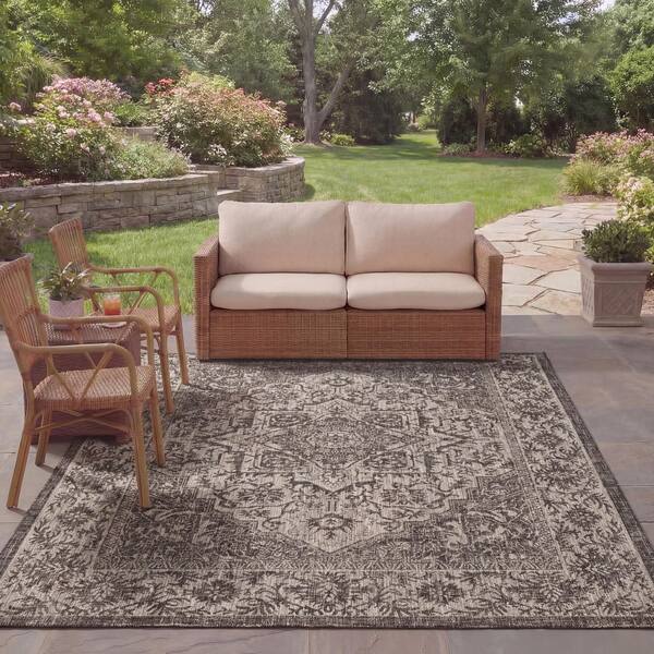 Courtyard 8 ft. x 10 ft. Slate/Gray Ornate Floral Medallion Indoor/Outdoor Area Rug