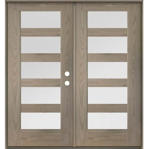 Modern 72 in. x 80 in. 5-Lite Left-Active/Inswing Satin Glass Oiled Leather Stain Double Fiberglass Prehung Front Door