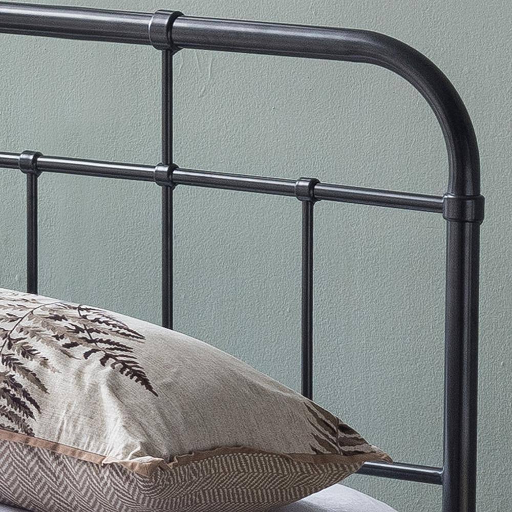 Charcoal Gray Industrial Queen Iron Bed Frame with Upholstered Headboard