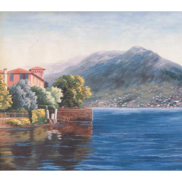Retro Art Mountain Village on Lake Extra Wide Prepasted Wallpaper Border