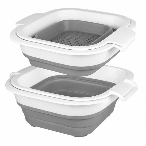 Gray 2-in-1 Collapsible Colander Set, Plastic Foldable Strainer Bowl and Fruit Basket, Set of 2