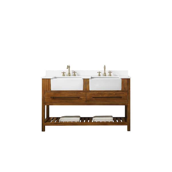 SUPREME WOOD IOUISE 60 in. W x 22 in. D x 35.7 in. H Bath Vanity in Brown with White Quartz Vanity Top with White Basin