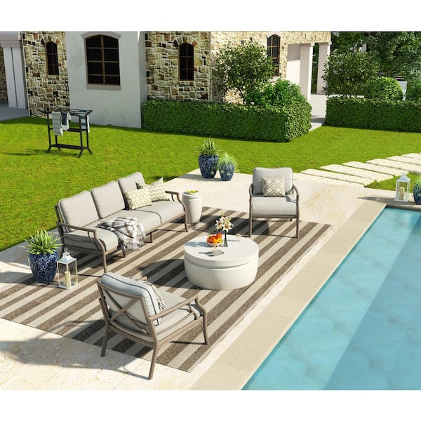 PEAK HOME FURNISHINGS Lamando 3-Piece Aluminum Patio Outdoor Conversation Set with Light Mixed Gray Cushions Sofa