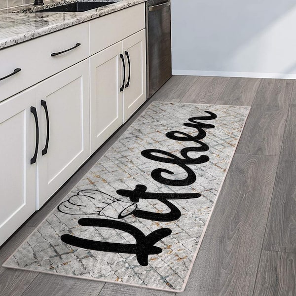 Border Design Gray-Black 20 in. x 59 in. Cotton Kitchen Runner Rug