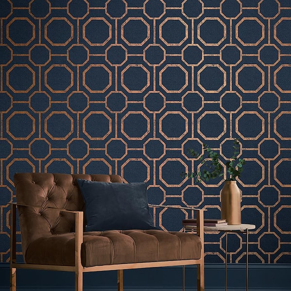 Sashiko Navy Blue and Copper Geometric Paste the Wall Wallpaper