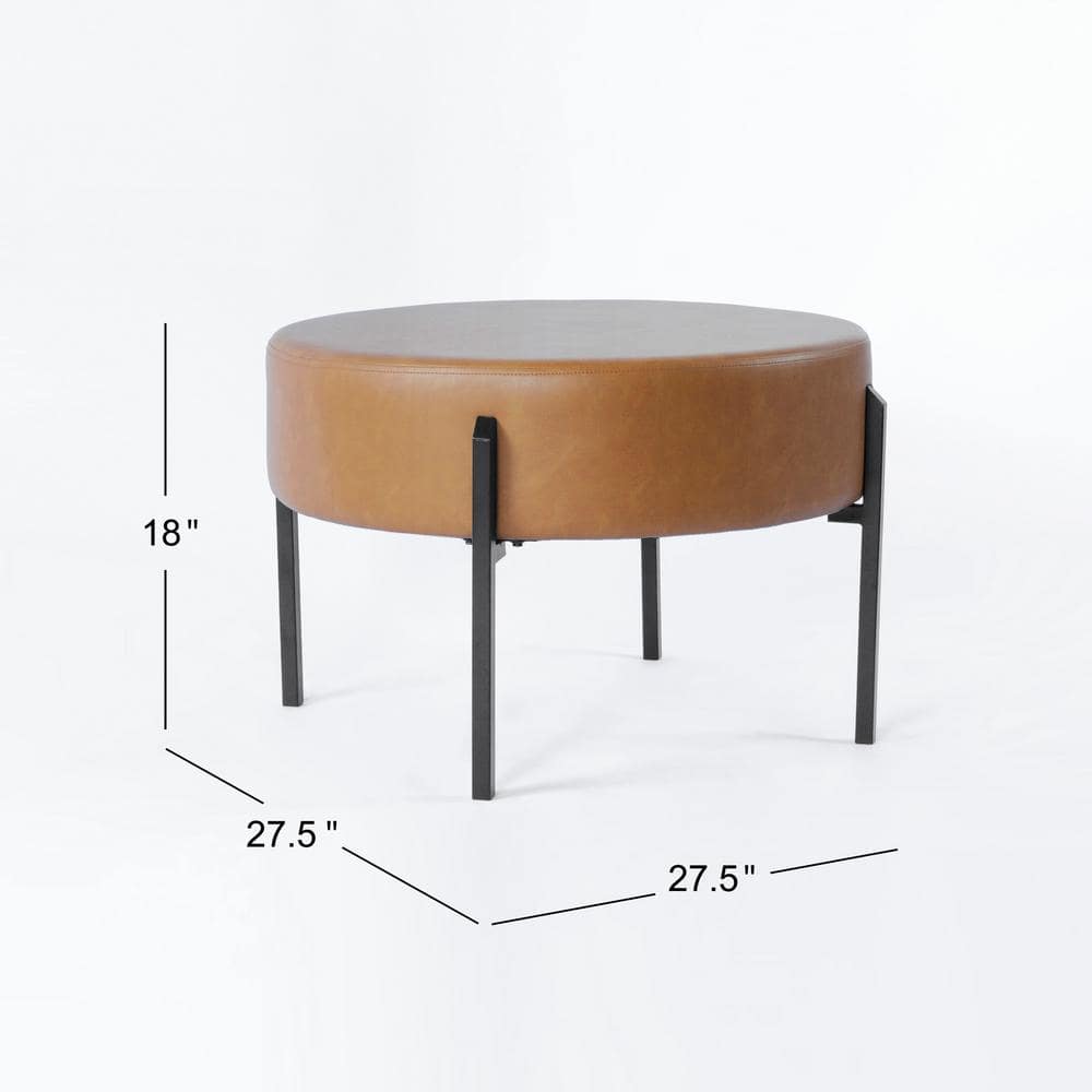 Carmel Faux Leather Round Ottoman with Black Metal Legs