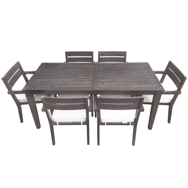 7-Piece Gray Wood Patio Outdoor Dining Set with Beige Cushions for Gardens, Backyards