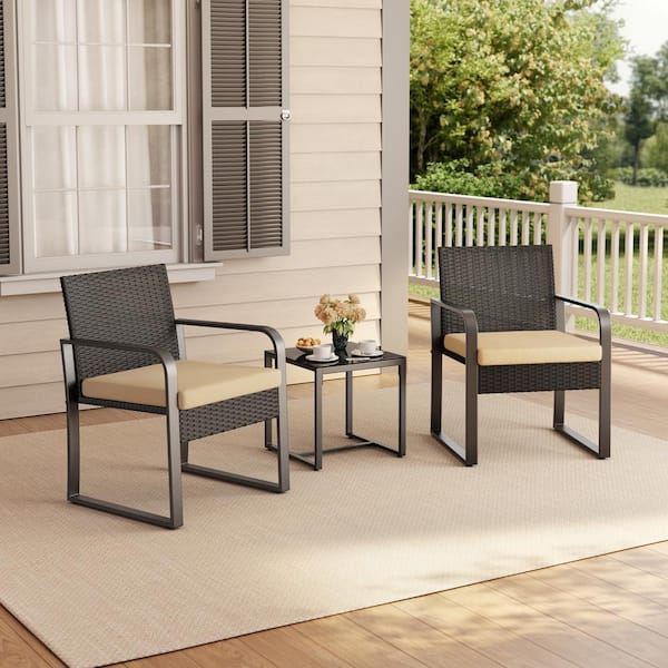 Lofka 3-Piece Rattan Hand-Woven PE Bistro Set Furniture Set with Table and Cushion, Beige