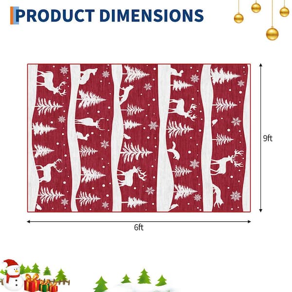 6 ft. x 9 ft. Red Christmas Washable, with Xmas Tree, Reindeer, Non-Slip Backing, Foldable, for Living Room Area Rug