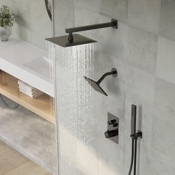 6 in. and 7-Spray 12 in. Thermostatic Wall Bar Shower Systems with Handheld 2.5 GPM in Matte Black(Valve Included)