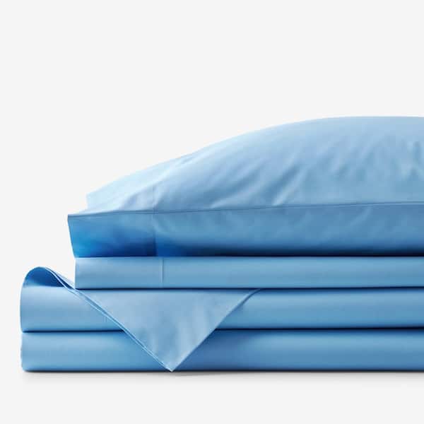 The Company Store Company Essentials 3-Piece Ocean Blue Solid 200-Thread Count Organic Cotton Percale Twin Sheet Set