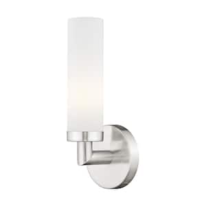 Aspen 11 in. 1-Light Brushed Nickel ADA Wall Sconce with Satin Opal White Glass