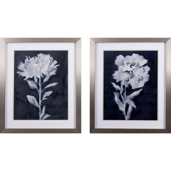 HomeRoots Victoria White and Navy Blue Flower by Unknown Wooden Wall Art (Set of 2)
