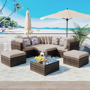 8-piece Brown Wicker Outdoor Sectional Sofa Set, Rattan Sofa Lounger, with Beige Cushion and Colorful Pillows