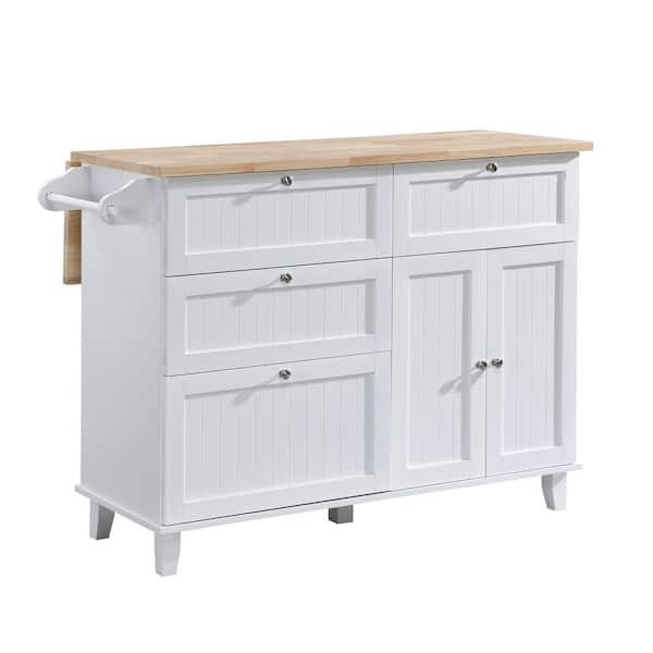 White Wood 50.3 in. Kitchen Island Set with Drop Leaf and 2