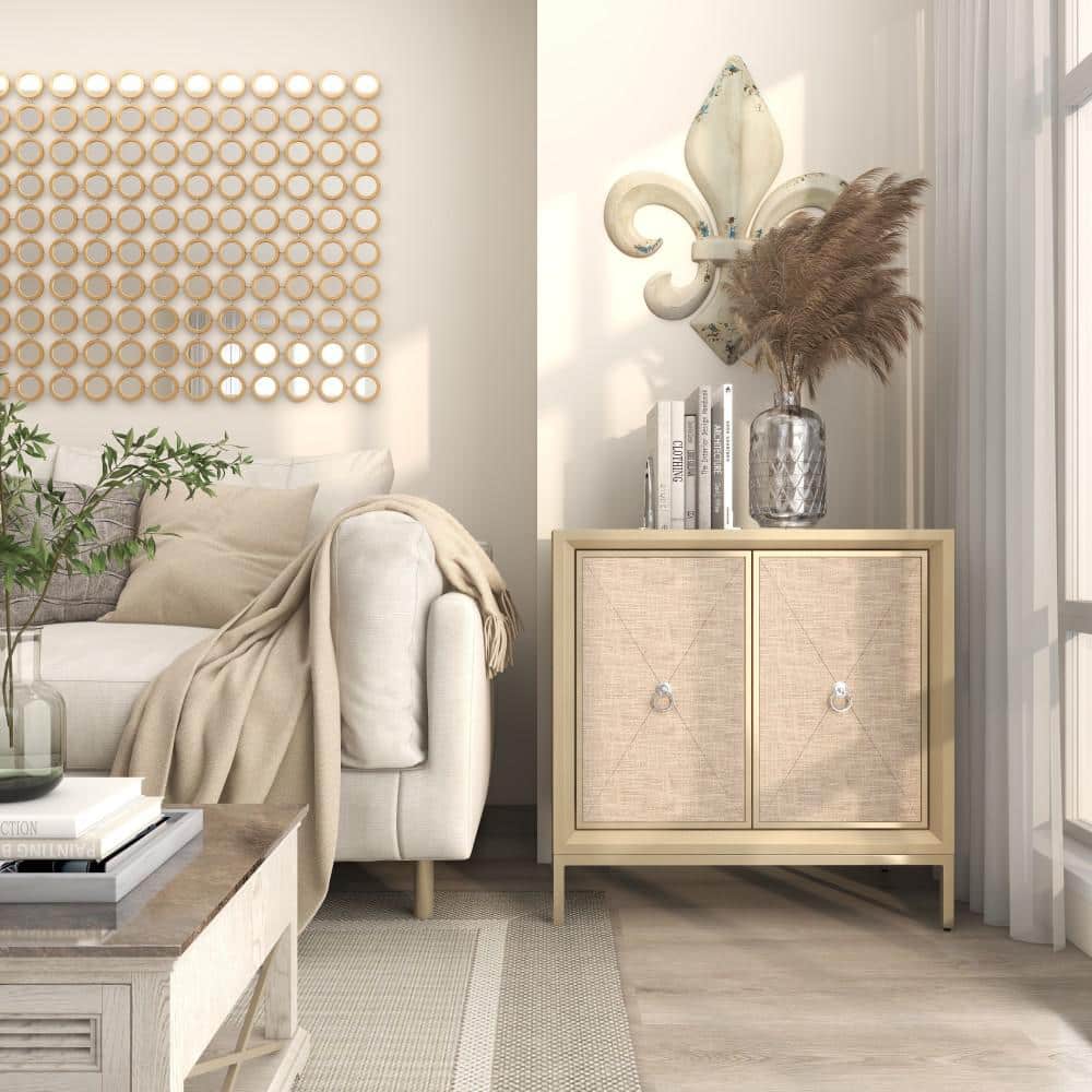 Beige Mirrored Fir Wood Upholstered Accent Cabinet