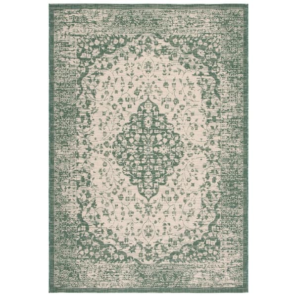 SAFAVIEH Courtyard Beige/Dark Green 8 ft. x 10 ft. Medallion Floral Border Indoor/Outdoor Patio  Area Rug