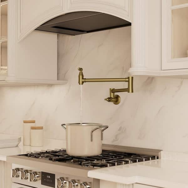 Wall Mount Retractable 360° Swivel Pot Filler Kitchen Faucet Dual Handle 1.8 GPM in Brushed Gold