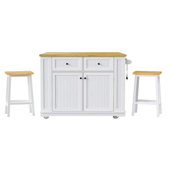 White Wood 48 in. Kitchen Island on Wheels with 2 Bar Stools, Power Outlet, Internal Storage Rack, Kitchen, Dining Room