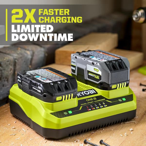 RYOBI ONE+ 18V Dual-Port Simultaneous Charger with ONE+ 18V 4.0 Ah Lithium-Ion Battery (2-Pack)